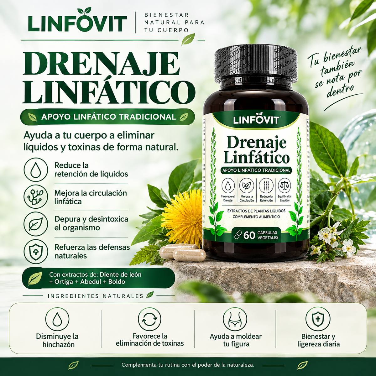 Linfovit™ | Drena Naturalmente la Hinchazón del Rostro, Abdomen y Piernas | 60 Cápsulas Vegetales